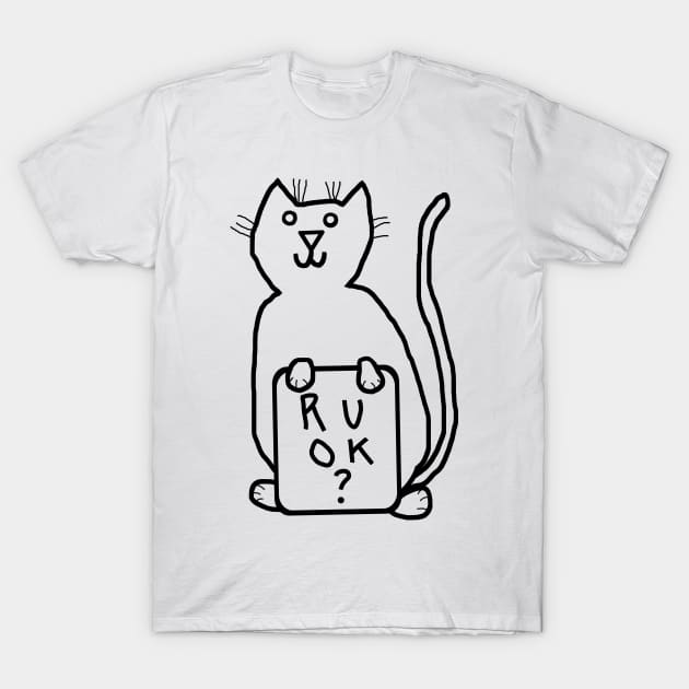 Cute Cat Wants to Know R U OK Line Drawing T-Shirt by ellenhenryart